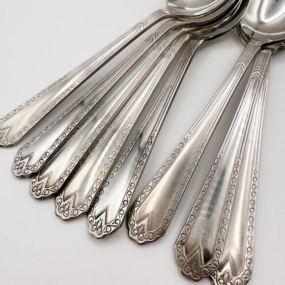 Atq Art Deco National Silver Co EPNS Silver Plate Tea Spoons "Twelve" Set of 8 - Picture 2 of 12